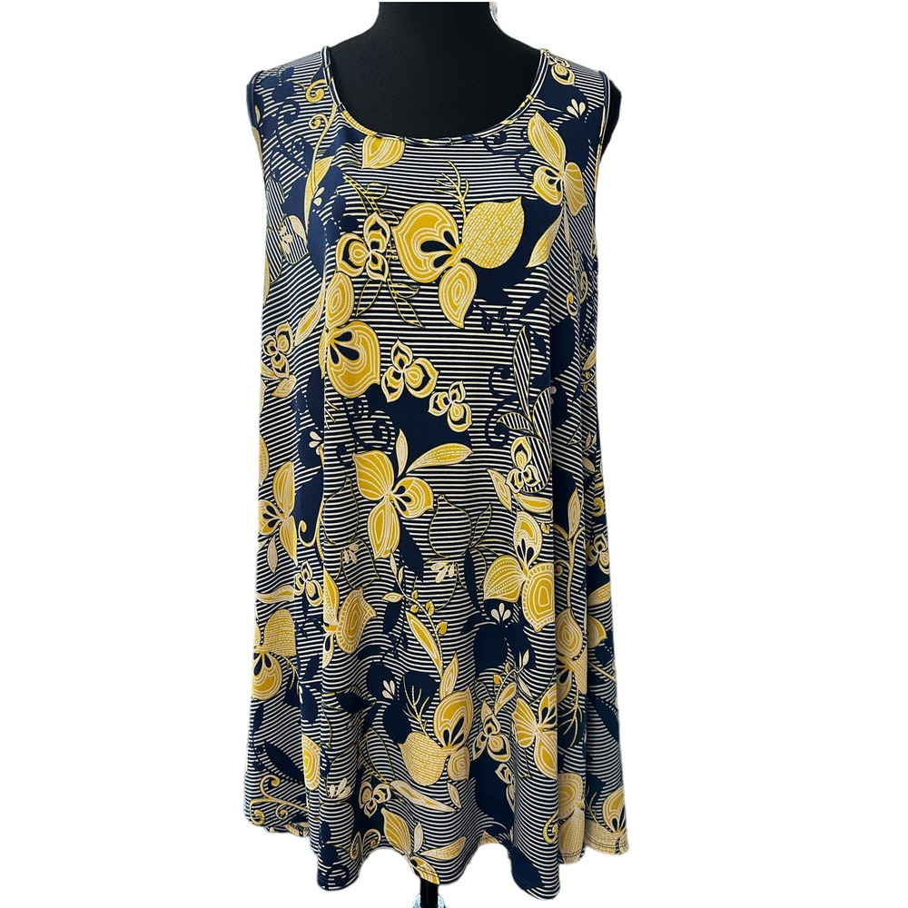 SJS Women’s Blue Yellow Tropical Floral Sleeveless Swing Dress Size M - Picture 2 of 8
